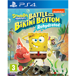 Colorful video game cover featuring SpongeBob and Patrick, with underwater scenery, a treasure chest, and the title "Battle for Bikini Bottom - Rehydrated" prominently displayed.