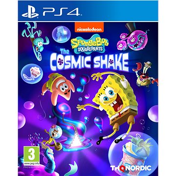 Colorful game cover featuring SpongeBob and friends in a vibrant underwater scene, with the title "The Cosmic Shake" prominently displayed and PlayStation 4 branding at the top.