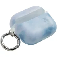 Square blue earphone case with a cloudy pattern and attached silver keyring.