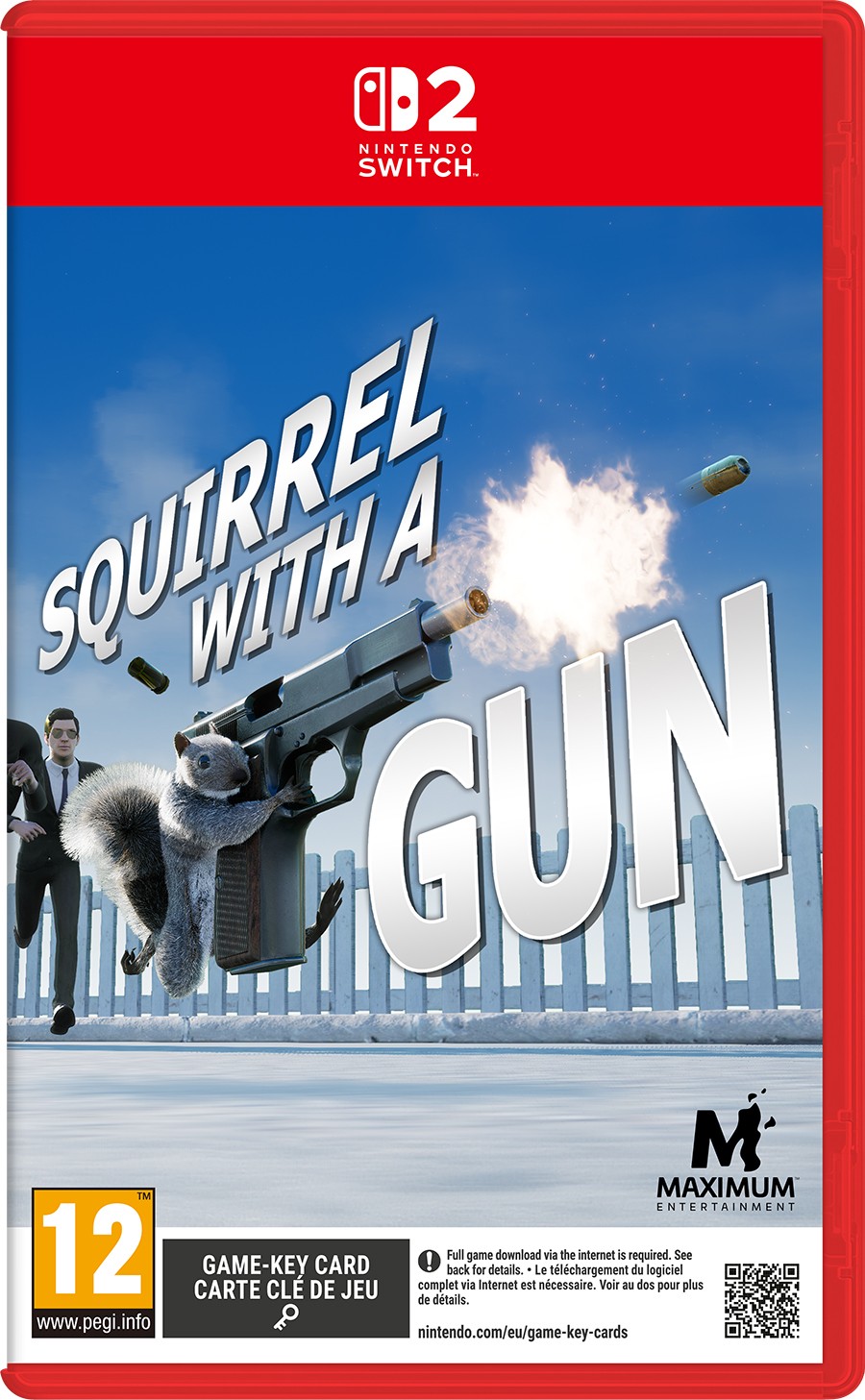 Colorful game cover featuring a cartoon squirrel wielding a gun, with bullets flying, set against a snowy backdrop and bold text reading "SQUIRREL WITH A GUN."