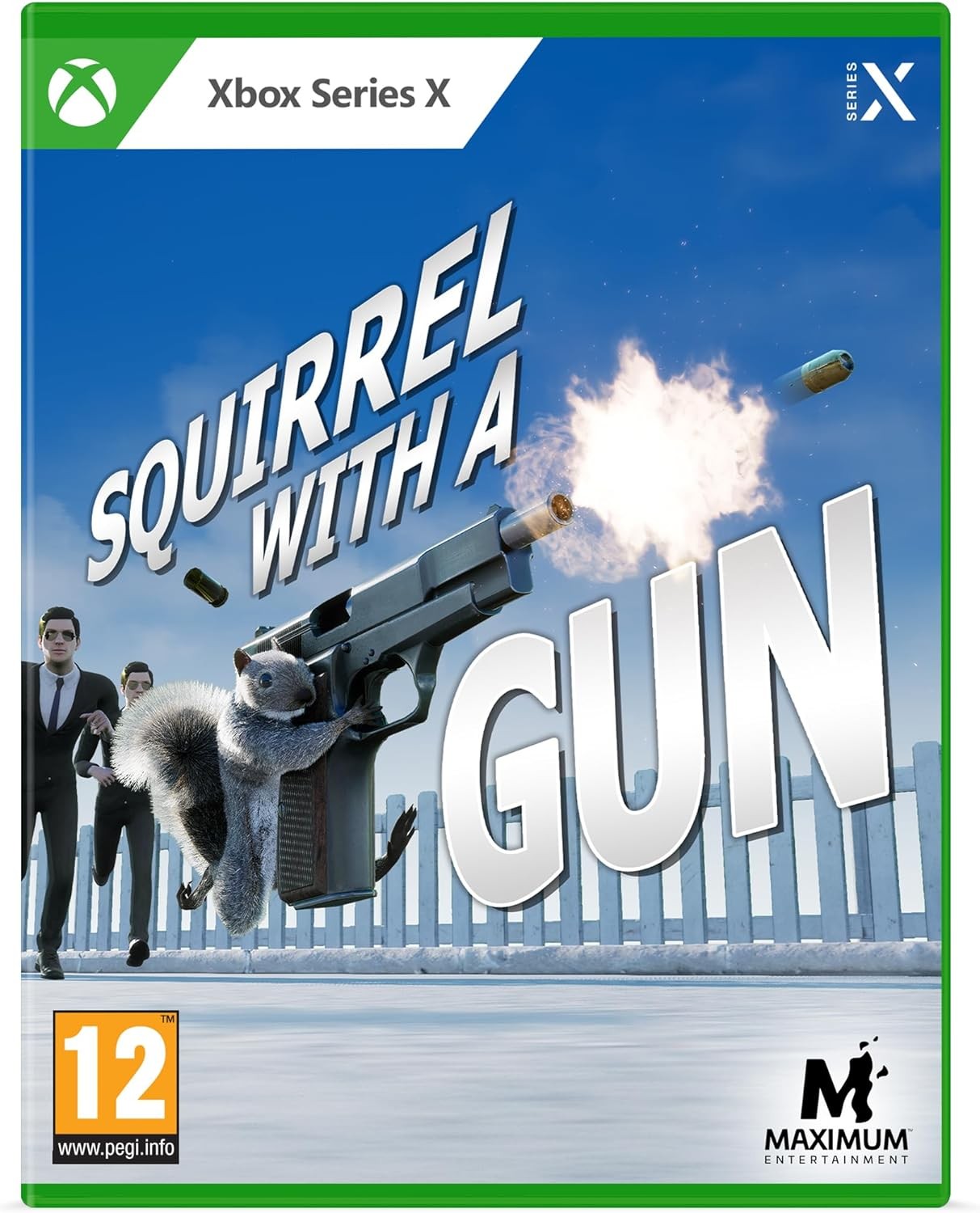 Cover art features a cartoon squirrel wielding a handgun, set against a white picket fence, with action elements and the title "SQUIRREL WITH A GUN" prominently displayed.