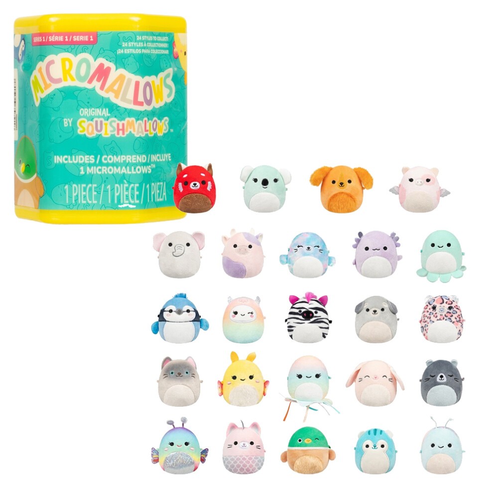 Colorful capsule featuring various 2.5-inch soft, plush Micromallows in different animal designs, including koalas, cats, and more, with pastel and vibrant colors.