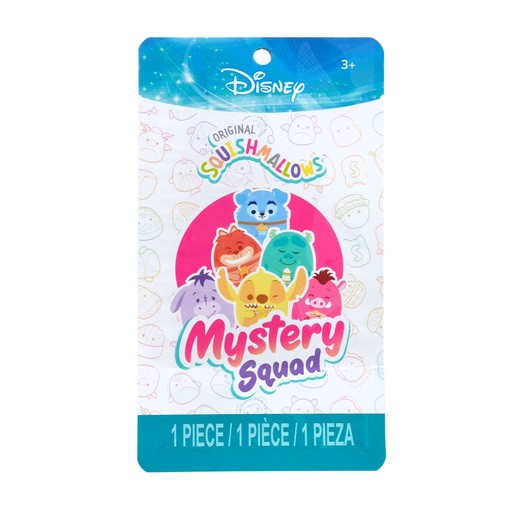 Colorful packaging featuring various cute, plush characters from Disney, labeled "Mystery Squad," with a soft toy inside, suitable for ages 3 and up.