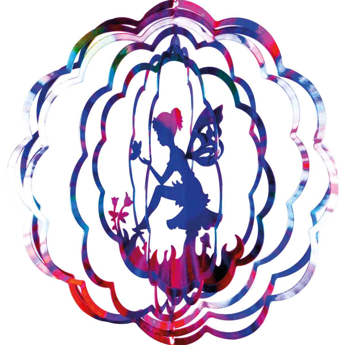 Colorful, layered wind spinner featuring a silhouette of a fairy sitting among flowers, crafted from reflective material with a vibrant, multicolored design.