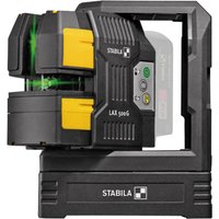 Stabila LAX 500 G cordless green laser level, black with yellow accents, compact design, visible green laser lines.