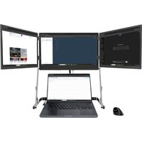 STANDIVARIUS Doxa Pro 3 with three black monitors on adjustable silver stand, positioned above a laptop.