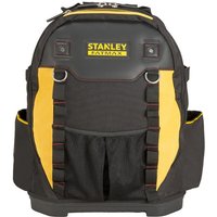 Black nylon Stanley backpack with yellow accents, multiple pockets, and padded shoulder straps by Black & Decker.