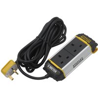 Black and yellow Stanley 2-gang powerboard with belt-clip and 5-meter cord.