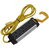 Stanley 3-Gang powerboard with yellow cord and foldable hook, black and silver casing.