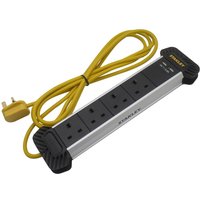 Stanley 4-Gang powerboard with 2 USB ports, silver and black design, yellow cable, and corner bumpers.