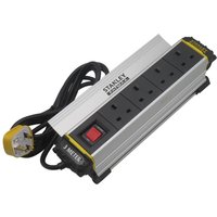 Stanley 4-Gang IP20 powerboard with silver casing, black sockets, red switch, and attached black cable with plug.