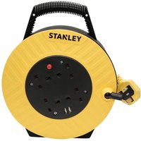 Yellow and black Stanley 6 socket semi-enclosed extension reel with USB ports and a carry handle.