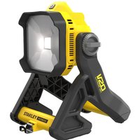Yellow and black Stanley FatMax V20 18V cordless site lamp with adjustable stand and large LED light panel.