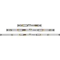 Stanley FatMax XTREME spirit level set with yellow accents, featuring three box beam levels in varying lengths.