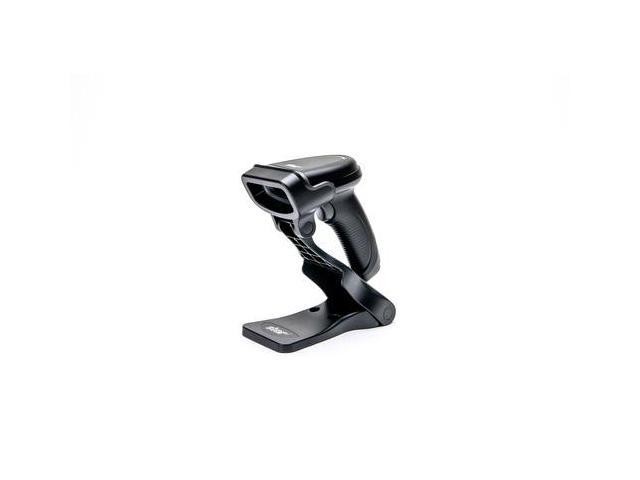 Handheld black barcode scanner with a textured grip and a stand, featuring a sleek design and a dual-window scanning head for efficient barcode reading.