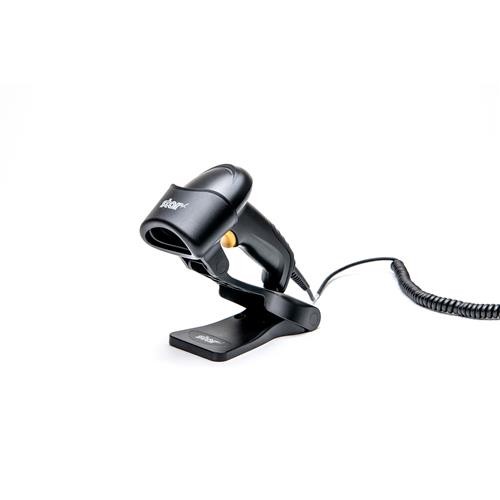 Black handheld barcode scanner with a curved grip, featuring a yellow trigger button and a coiled cable, resting on a black stand.