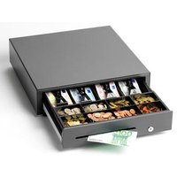 Black Star Micronics CB-2002 FN cash drawer with open tray showing compartments for bills and coins, key lock visible.