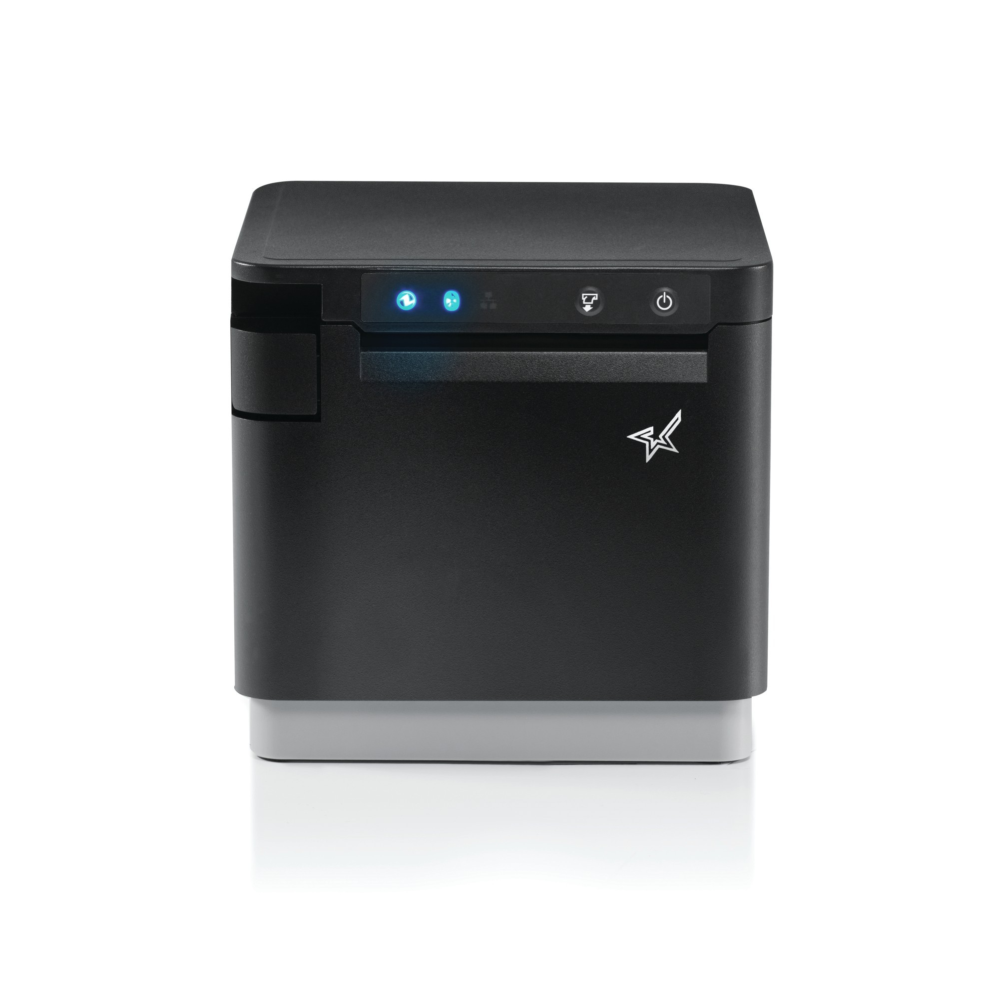 Black compact MPOS receipt printer with a sleek design, featuring blue LED indicators, a power button, and the Star Micronics logo on the front.