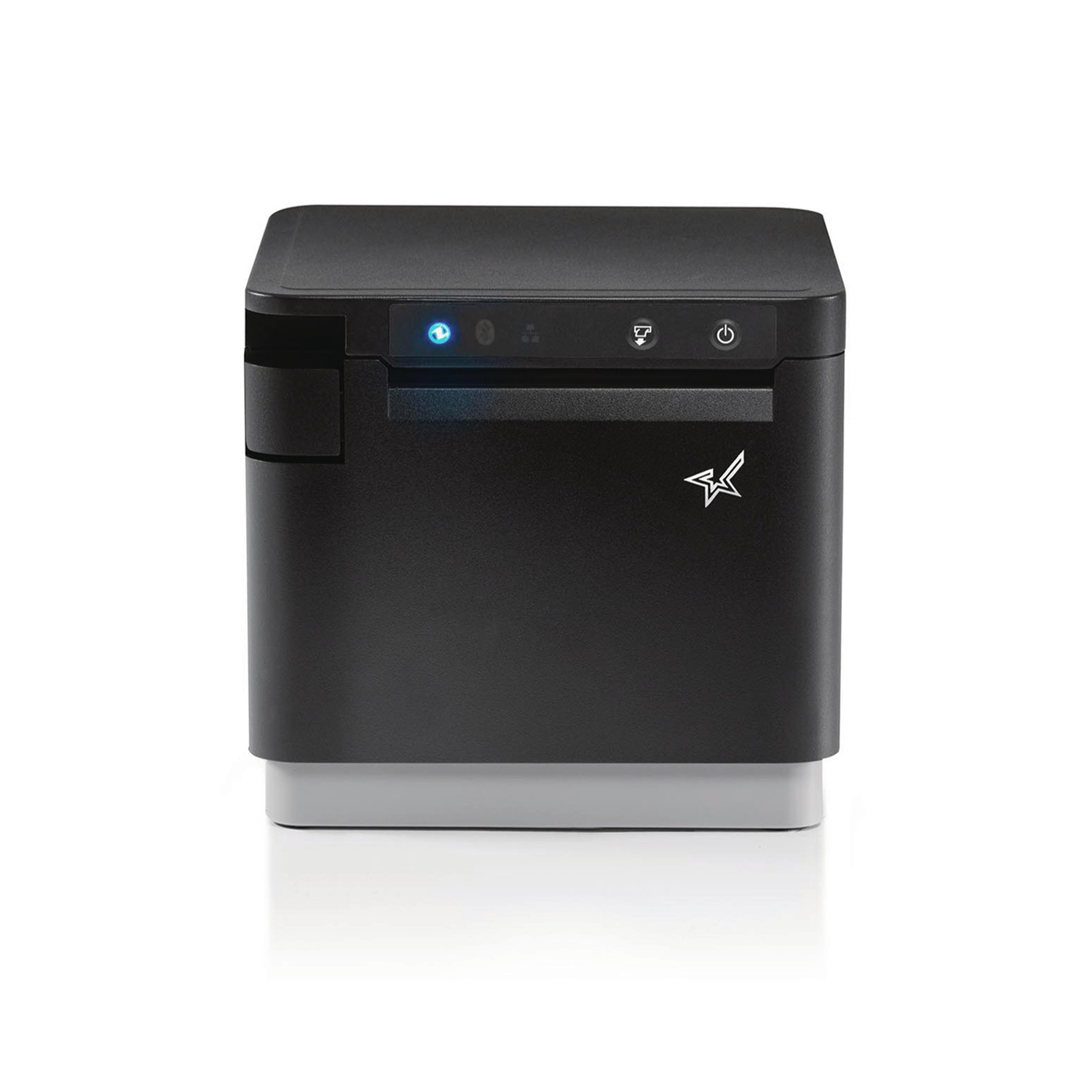 Compact black MPOS receipt printer with a sleek design, featuring a blue LED indicator, control buttons on the front, and a silver base for stability.