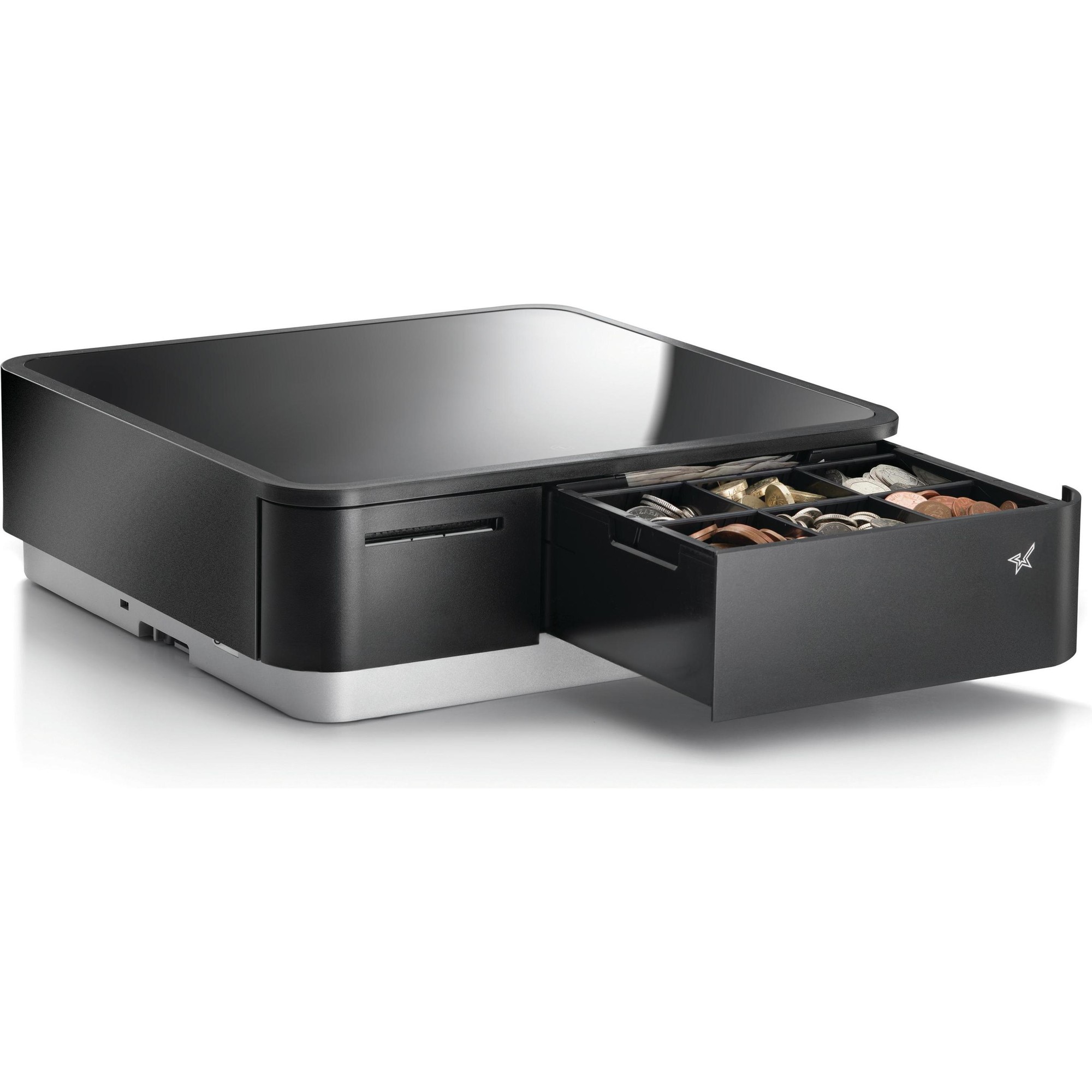 Compact black cash drawer with a sleek design, featuring a shiny top surface and a silver base, partially open to reveal compartments for coins and bills.