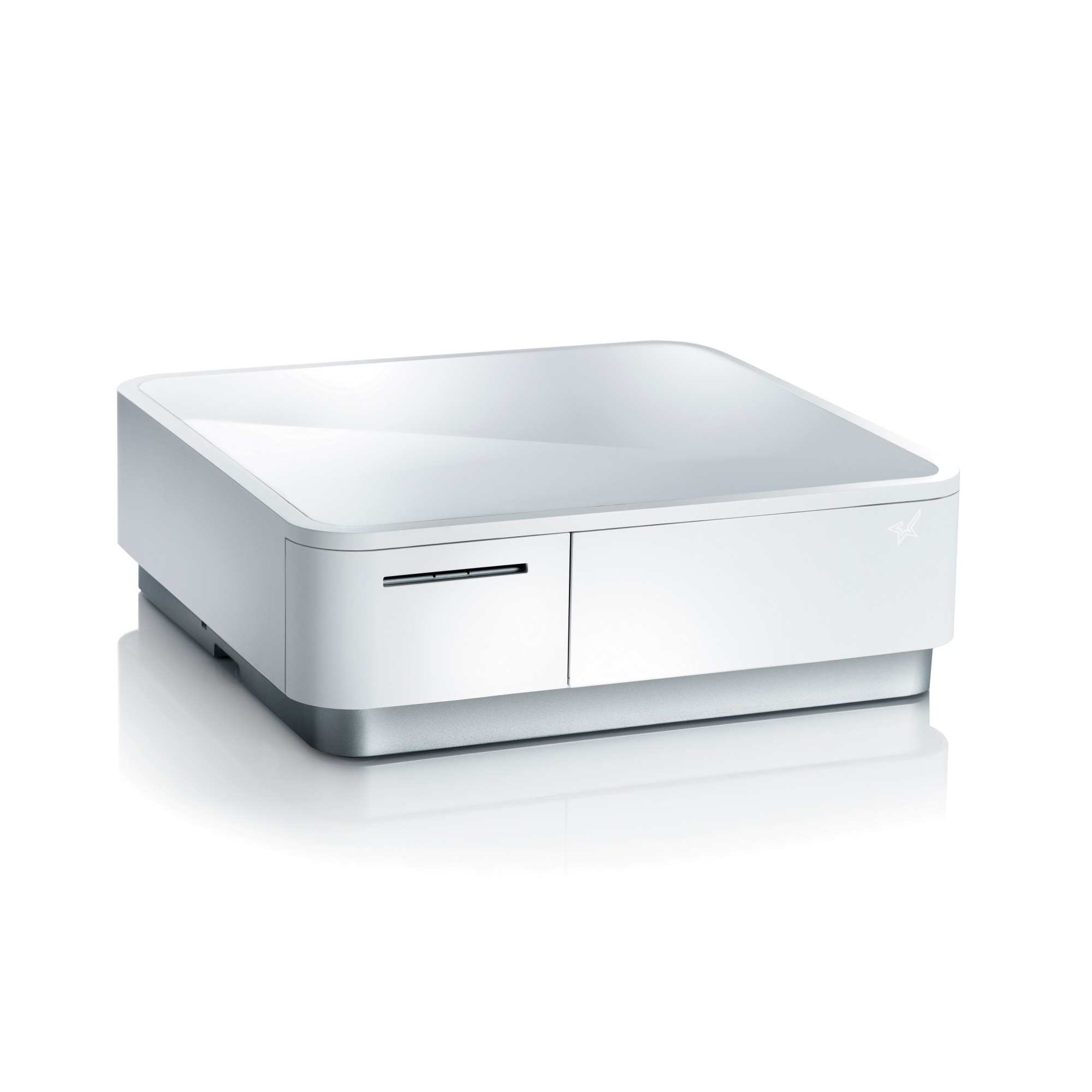 Compact white cash drawer with a sleek design, featuring a glossy top, a front slot for receipts, and a silver base, ideal for retail environments.