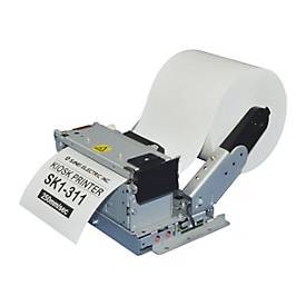 Compact label printer in silver and black with a direct thermal printing mechanism, featuring a roll of white label paper and a clear output for easy label dispensing.