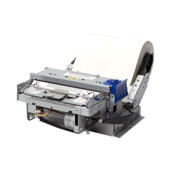 Open frame kiosk printer in metallic gray with a white paper roll, featuring a compact design and accessible components for easy maintenance.
