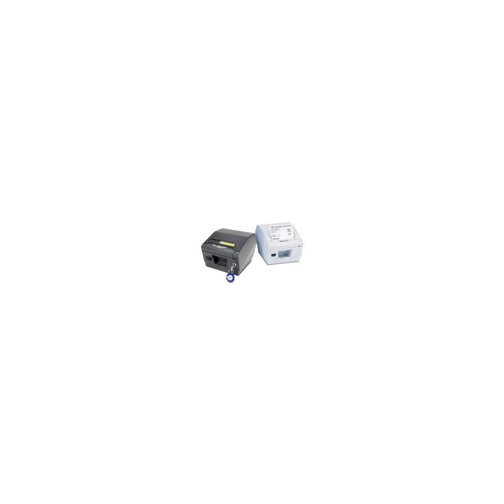 Compact thermal receipt printer in gray and white, featuring a front-loading paper compartment, multiple connectivity options, and a sleek design suitable for retail environments.