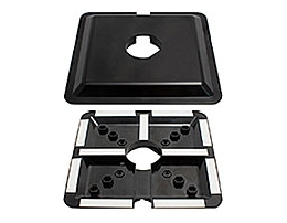 Black plastic stand bracket with a square top and a central hole, featuring multiple rubber pads for stability and a sturdy design for mounting equipment.