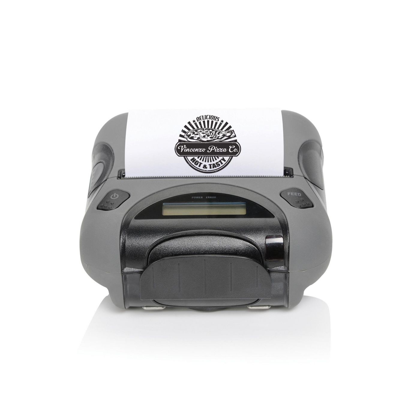 Compact black thermal printer with a display, featuring a paper output slot and a logo on the printed receipt, designed for mobile printing with RS232 and Bluetooth connectivity.
