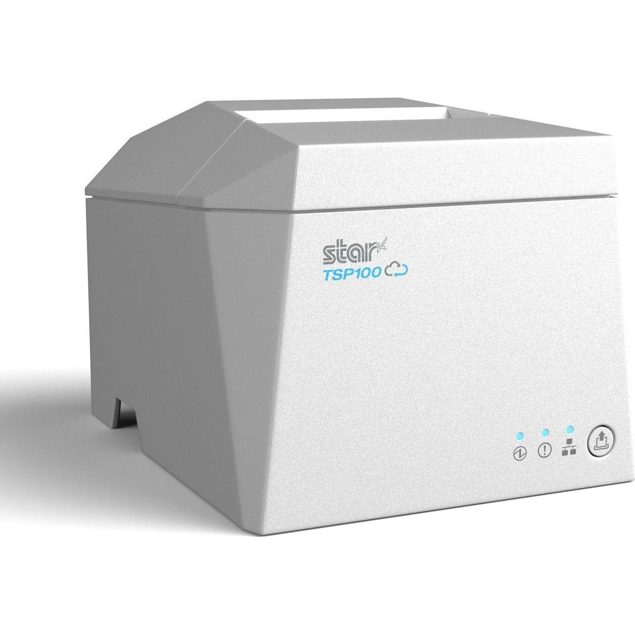 Star Micronics TSP143IV X4 receipt printer in white, featuring a sleek design, CloudPRNT capability, 203 DPI resolution, and a built-in cutter for easy paper handling.