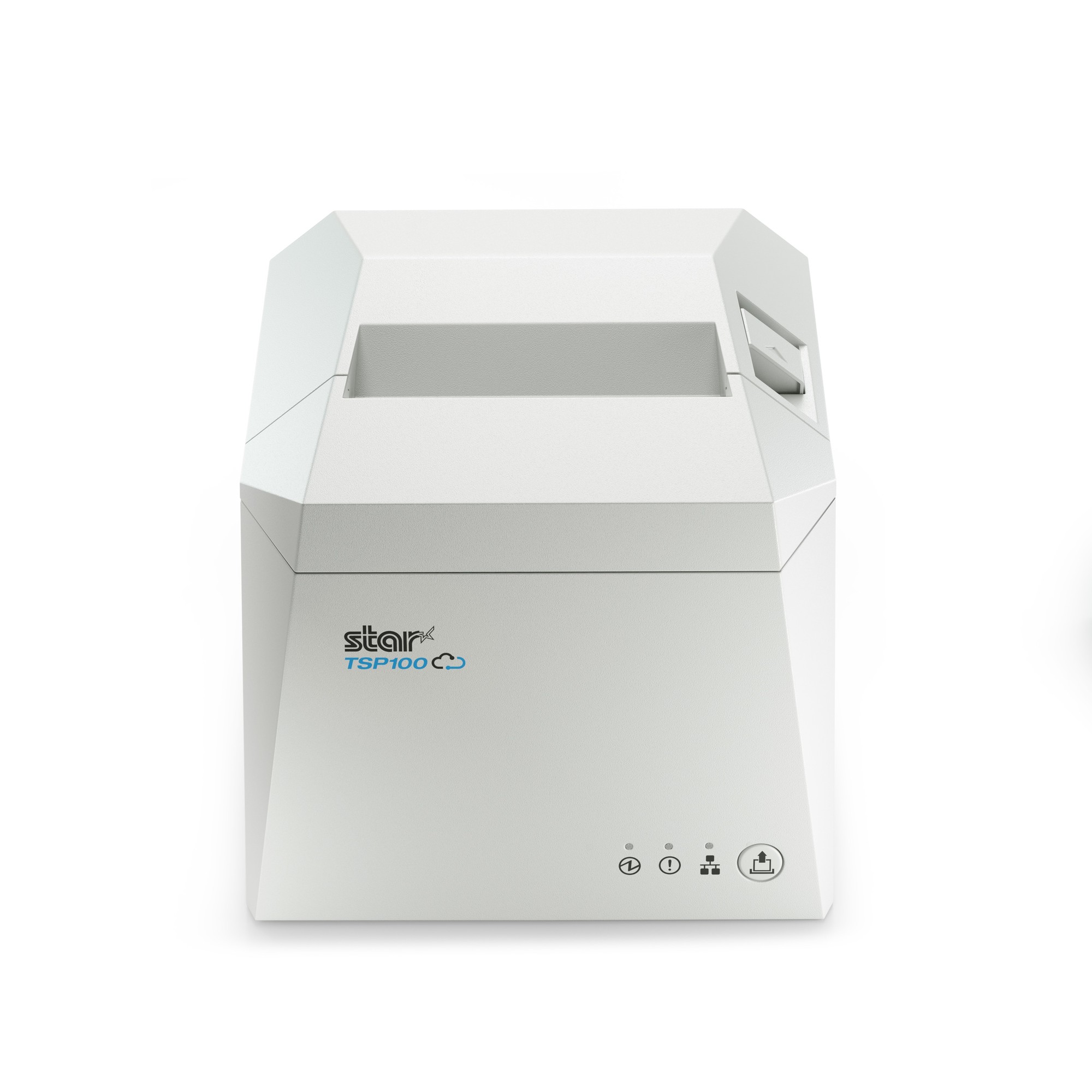 White Star Micronics TSP100IV thermal printer with a sleek design, featuring a top-loading paper compartment, control buttons, and connectivity options for wired and wireless use.