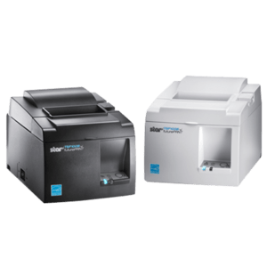 Black and white Star Micronics TSP143III thermal printers featuring a compact design, front paper exit, and connectivity options for wired and wireless printing.
