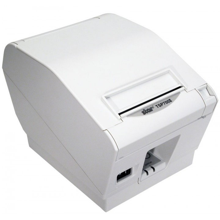 White direct thermal label printer with a compact design, featuring a top loading slot and USB connectivity, labeled "TSP743U II" for easy identification.