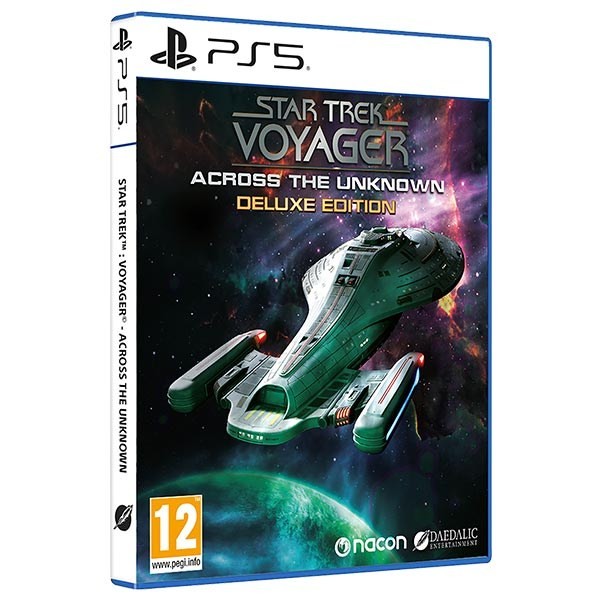 Star Trek Voyager: Across the Unknown Deluxe Edition for PS5 features a vibrant space-themed cover with a starship against a cosmic background, showcasing bold colors and detailed graphics.