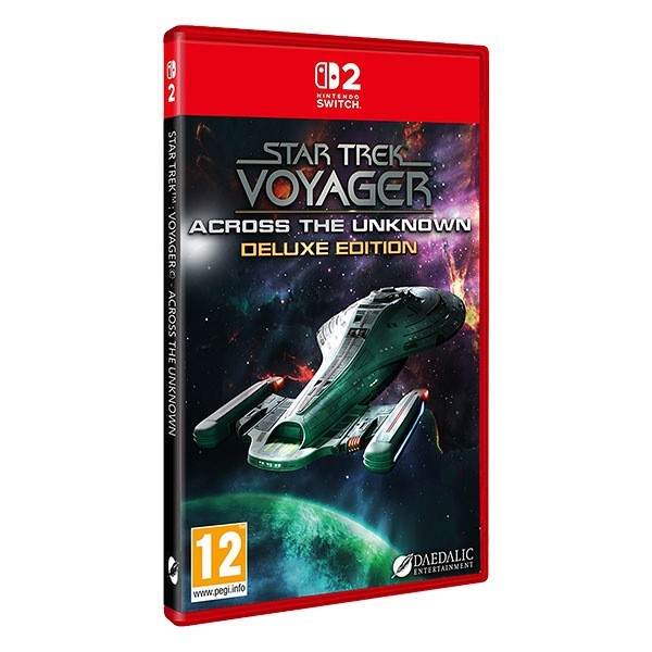 Star Trek Voyager: Across the Unknown Deluxe Edition for Switch 2 features a vibrant cover with a starship against a cosmic background, showcasing bold colors and sleek design elements.