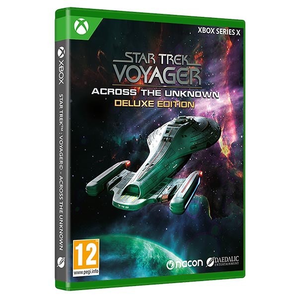 Star Trek Voyager: Across the Unknown Deluxe Edition for Xbox Series X features a vibrant green case with a starship graphic and a cosmic background, highlighting its sci-fi theme.