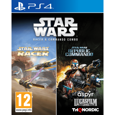 Star Wars Racer and Commando Combo for PlayStation 4 features vibrant cover art with racing pods and armored commandos, set against a blue background with the PlayStation logo.