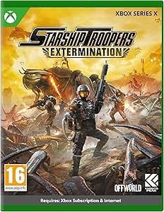 Cover art for "Starship Troopers: Extermination" on Xbox Series X features soldiers battling alien creatures in a vibrant, action-packed scene with bold yellow and black text.