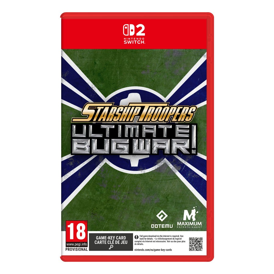 Starship Troopers Ultimate Bug War game cartridge for Nintendo Switch, featuring a green and blue cover with bold text and a logo, marked with an 18 rating.