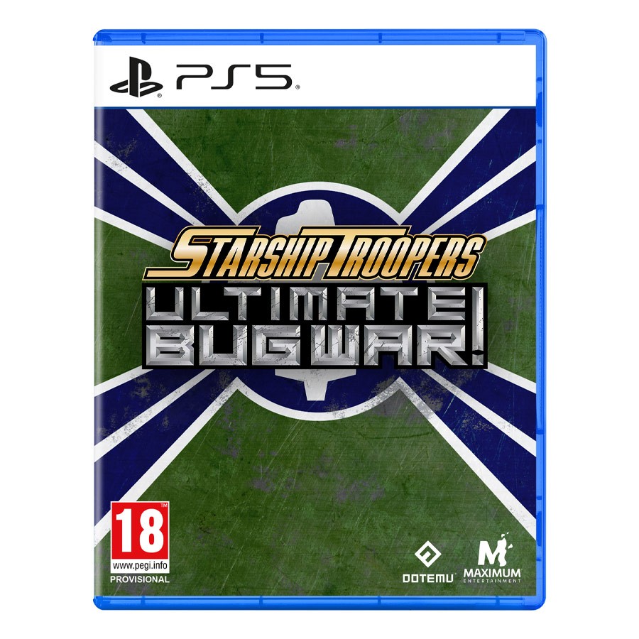 Green and blue PS5 game case featuring "Starship Troopers Ultimate Bug War" title in bold, metallic lettering, with a circular emblem and age rating of 18+.