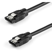 Black StarTech.com 0.3 m round SATA cable with two angled connectors and metal clips.