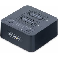 Black StarTech.com M.2 NVMe Drive Duplicator with two slots, LED indicators, and control buttons on top.