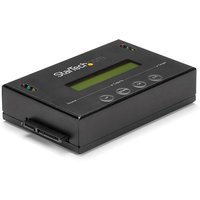 Black StarTech.com hard drive duplicator with LCD display, control buttons, and SATA ports.