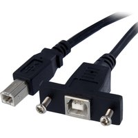 Black StarTech.com 1 ft panel mount USB cable with B to B connectors, female and male ends, and mounting screws.