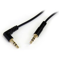 Black StarTech.com 1 ft slim 3.5mm stereo audio cable with right angle and straight gold-plated connectors.