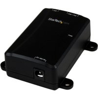 Black StarTech.com 1-Port Gigabit PoE+ Injector with LED indicators and mounting brackets.