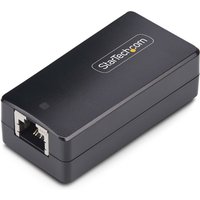 Black StarTech.com RJ45 Ethernet coupler, compact design, with logo on top, featuring 4kV isolation and DIN rail mount.