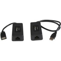 Black StarTech.com USB over Cat5/Cat6 extender kit with two units, each with USB and Ethernet ports.