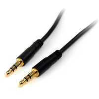 Black StarTech.com 10 ft slim 3.5mm stereo audio cable with gold-plated male connectors.